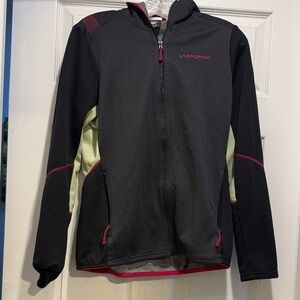La Sportiva Black Hoodie with Light Green Panels and Pink Accents